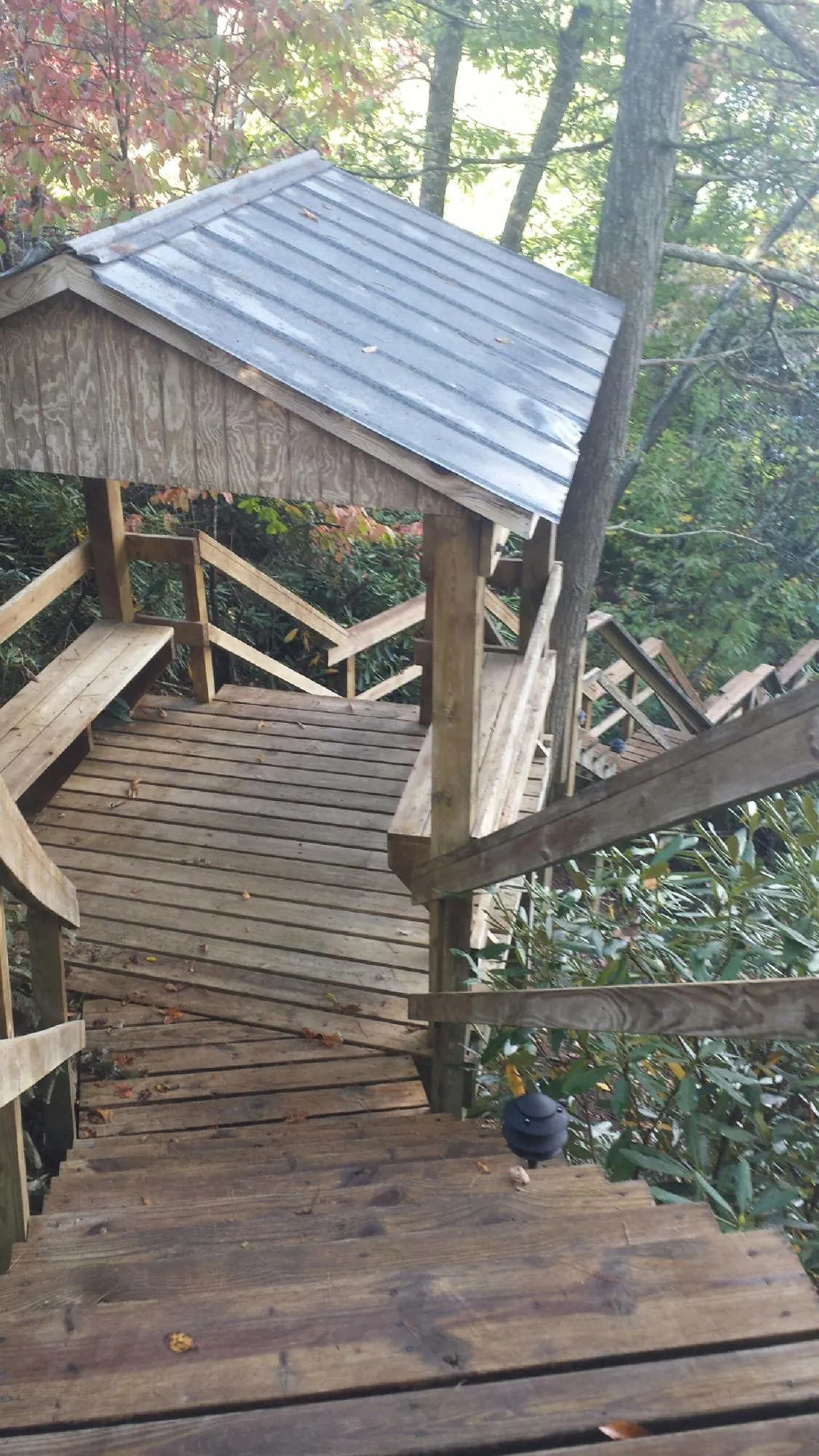 Metal roofed shelter over wooden steps on a wooded walkway — Skylight Repair & Installation work by our crew in Madras